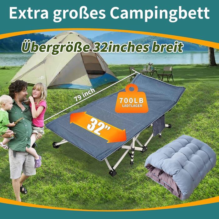 Кемпінгове ліжко з матрацом, розкладне, для відпочинку на природі та вдома, 200 кг, сіре