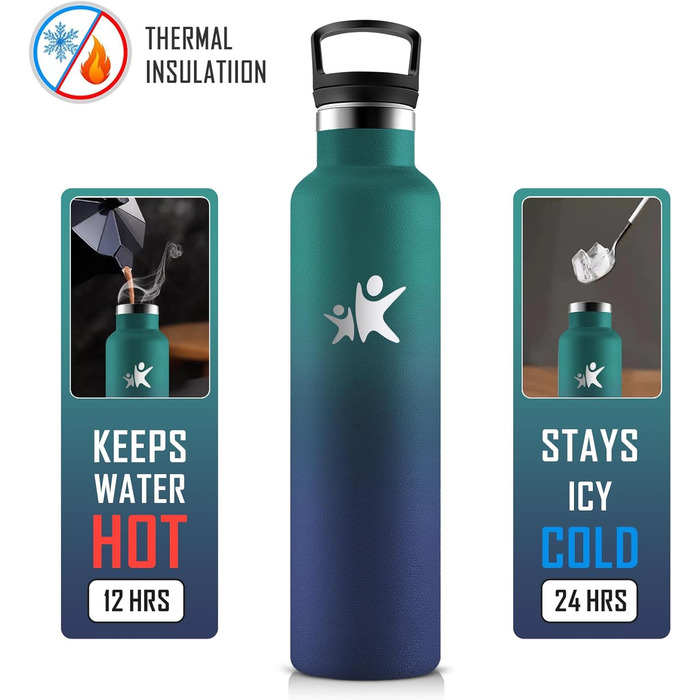 Фляга KollyKolla 750 мл з нержавіючої сталі, термос-фляга з трубочкою, без BPA, для газованої води, вакуумна, для дорослих, універсальна, спортивна, для офісу, спортзалу, велосипеда, кемпінгу, темно-синій (1000 мл, темно-зелений + темно-синій)