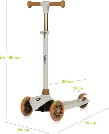 Дитячий триколісний самокат LIONELO Jessy Premium з LED-підсвіткою коліс, регульованою висотою та протиковзкою платформою, коричневий (до 50 кг, для дітей від 3 років)