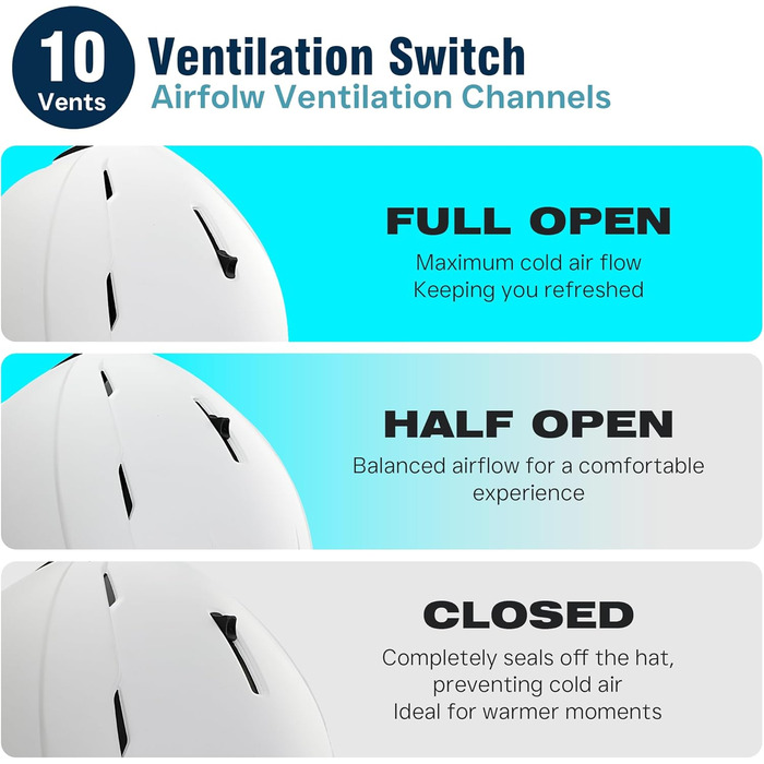 Шолом для сноуборду та гірськолижного спорту для чоловіків, жінок та дітей, регульований розмір, 3-рівнева вентиляція, міцна PC-оболонка з EPS-піною, розмір L (58-62 см)