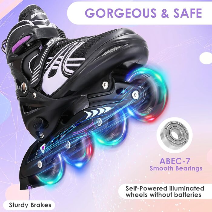 Інлайнерожі TOSHOO, ролики для дітей та дорослих, LED-колеса, регульовані розміри, ролики для катання, ролики для дівчаток та хлопчиків (S, фіолетовий)