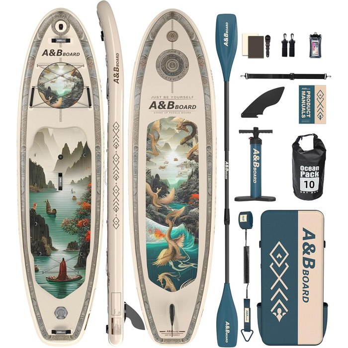 Надувний SUP-борд A&BBOARD з аксесуарами, 335х88 см, подвійна дія, рюкзак, стабільний дизайн, для юнаків та дорослих (Бежевий + Східний)