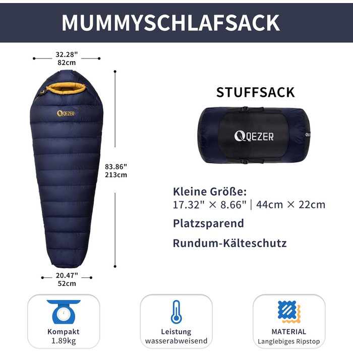Спальник зимовий Daunenschlafsack з графеновим покриттям, -24°C, 1500г пуху, темно-синій - для кемпінгу, туризму та трекінгу
