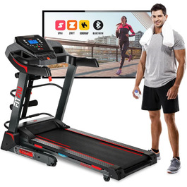 Біговий тренажер FITFIU Fitness MC-500 зі складною конструкцією, автоматичним нахилом, 18 км/год, пульсометром, Bluetooth та підключенням до додатків (Kinomap, Spax, Zwift), площа бігового полотна 41x123 см, максимальне навантаження 120 кг