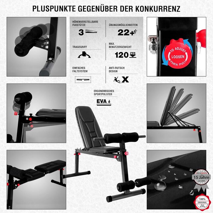 Гантельний лавка Ultrasport, багатофункціональний, складаний, для пресу та віджимань, 18 положень, до 500 кг, з еластичними стрічками