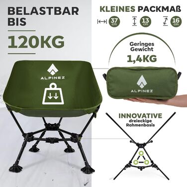 Зручний складаний стул для кемпінгу Alpinez: легкий, регульований по висоті, з компактним розміром | Стільці для риболовлі, пляжу, відпочинку на природі. Зелений колір