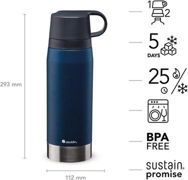 Термос Aladdin CityPark Thermavac 1.1 л з двома чашками, нержавіюча сталь, синій, BPA Free, зберігає тепло/холод до 25 годин, герметичний, можна мити в посудомийці