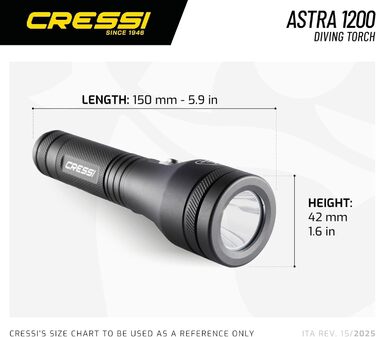 Ліхтар Cressi Astra Black - потужний водонепроникний ліхтар LED для дайвінгу, риболовлі та підводних досліджень (1200 Lumen)