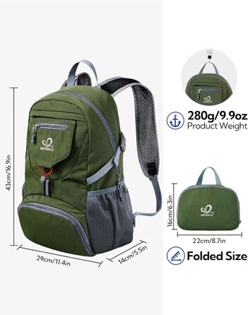 WATERFLY ультралегкий складаний рюкзак 20 л для походів, міський рюкзак для чоловіків та жінок, водонепроникний, для туризму, спорту, подорожей