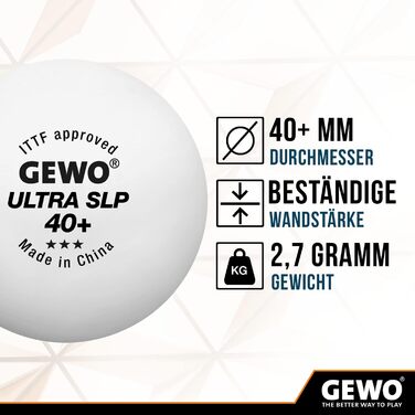 GEWO Ultra SLP 3-зіркові тенісні м’ячі для настільного тенісу, пластикові 40+ мм, безшовні, ITTF сертифікат, професійні, білі, 72 шт.