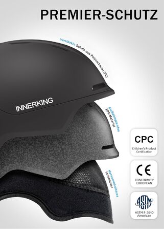 Гірськолижний шолом InnerKing для чоловіків та жінок, регульований, з ударопоглинаючим EPS та 10 вентиляційними отворами, чорний, розмір L (59-63 см)