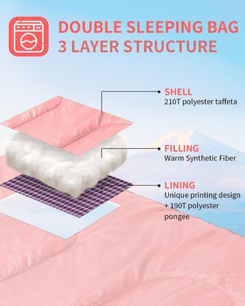 Сплячий мішок Outdoor Sportneer для двох осіб: спальний мішок 2.75 кг для дорослих, 3 сезони, 220x150 см, з 2 подушками (без фланелевої підкладки), рожевий