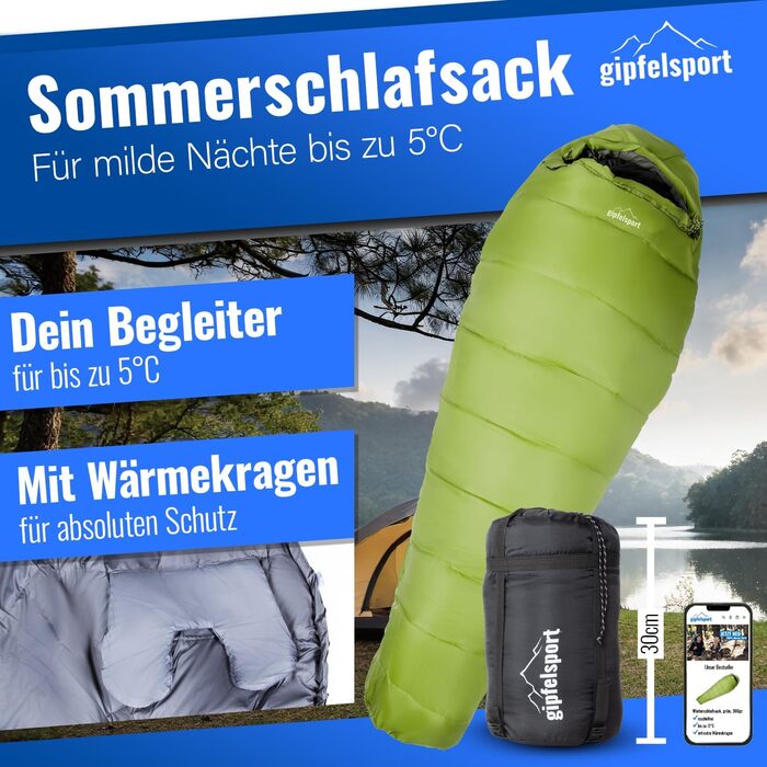 Сплячий мішок Gipfelsport Ultraleicht 4 сезони [-20°C - 15°C] | Ultralight, для кемпінгу, трекінгу та подорожей, -5°C, блакитний/зелений