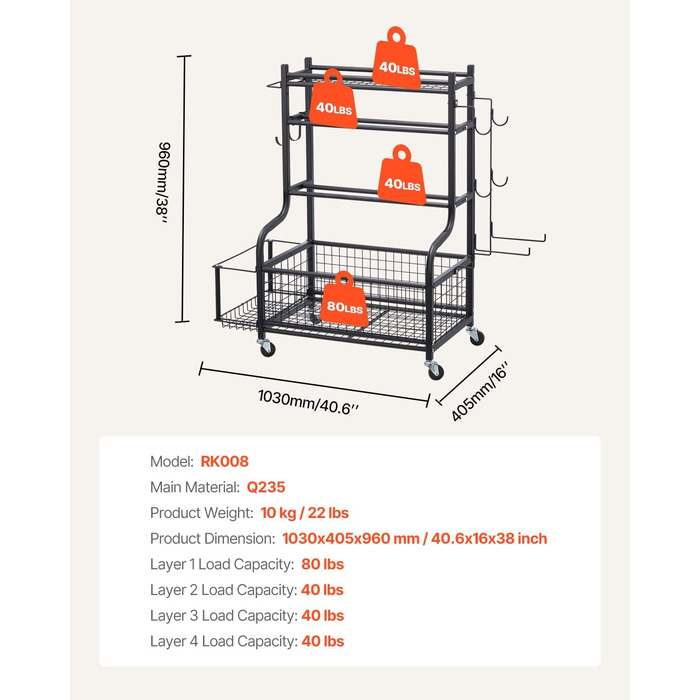 Стенд для зберігання та підтримки йогаматів та гантелей VEVOR - мобільний, з колесами та гачками, для домашніх тренувань