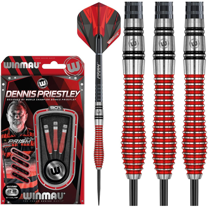 Дартс WINMAU Dennis Priestley, 22 г, професійний, вольфрамовий, сталевий наконечник, комплект з оперенням і шафтами