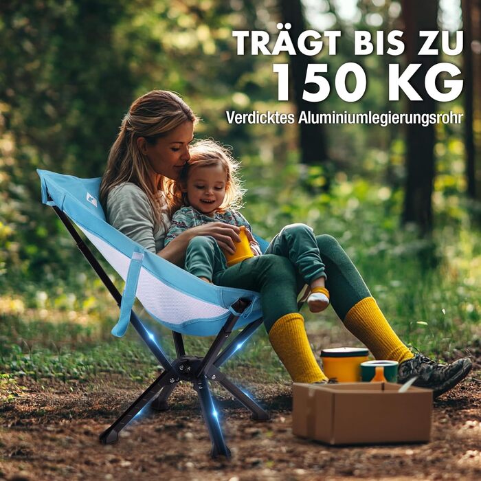 Складний туристичний стілець VILLEY, блакитний, з алюмінієвим каркасом, 150 кг, з сумкою для відпочинку та риболовлі