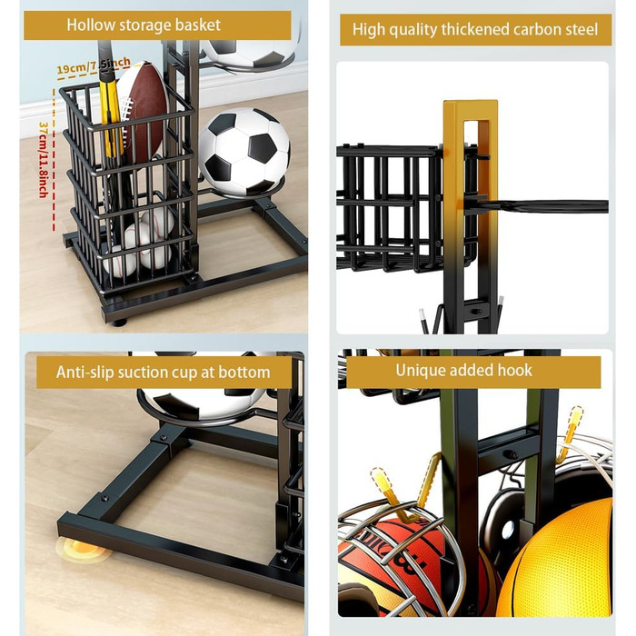Стенд для зберігання м'ячів: баскетбол, волейбол, футбол. Організатор для спортивного інвентарю з 7 тримачами для м'ячів та 2 кошиками