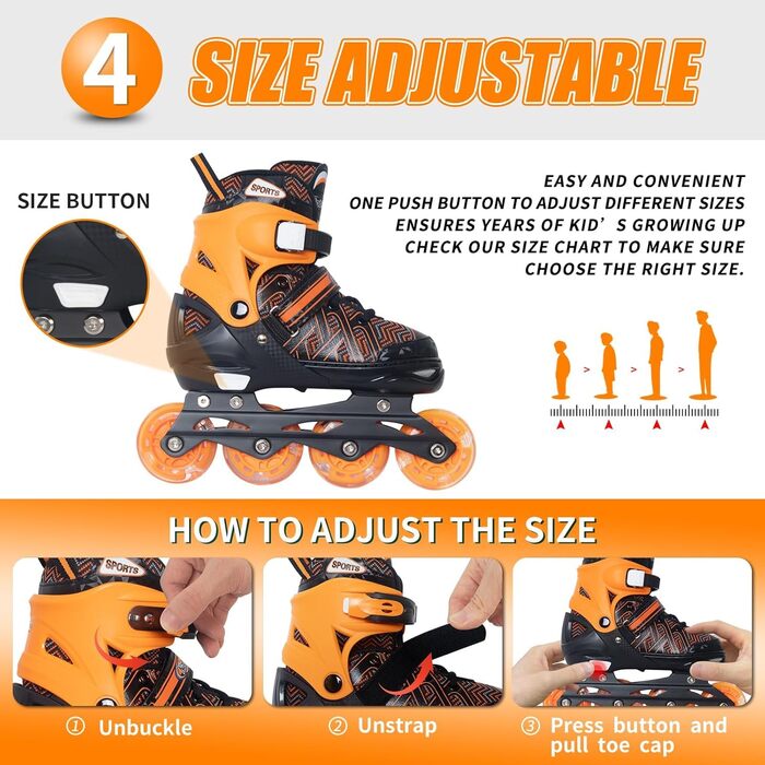 Роликові ковзани Nattork для хлопчиків з підсвічуванням, розмір 37-39, помаранчевий (для початківців)