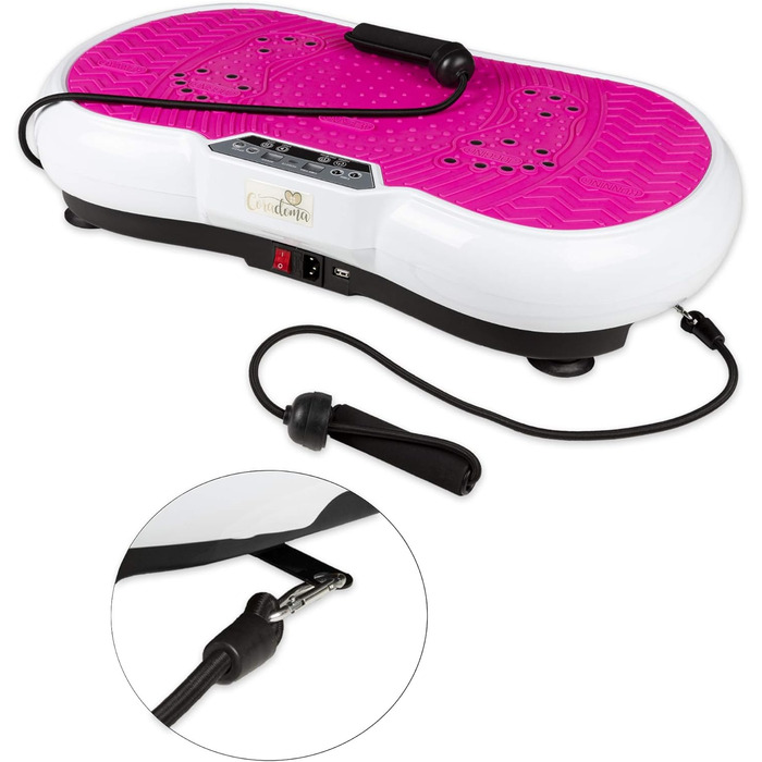 Віброплатформа для фітнесу з еластичними стрічками та Bluetooth, для дому, рожево-біла