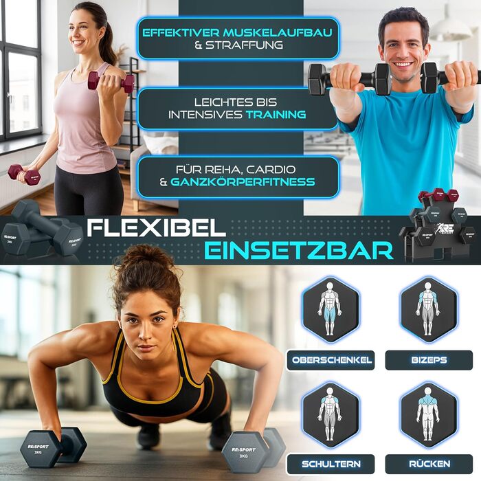 Набір гантелей Hantel-Set: 1 кг - 5 кг, 12 кг або 18 кг зі стійкою та 3 еластичні стрічки. Нековзкі неопренові гантелі для жінок та чоловіків. Кольори: пурпурний, туманно-сірий, чорний (18 кг)