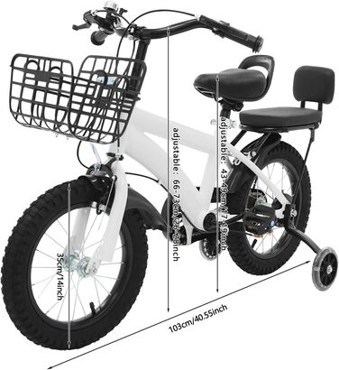 Дитяче велосипед 14 дюймів з додатковими колесами та кошиком, для дітей 3-7 років, регульоване по висоті, з подвійним гальмом, для дівчаток та хлопчиків (білий)