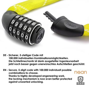 Замки для велосипеда Nean: надійний захист з цифровим кодом та міцною обмоткою, 6x6x900 мм (жовтий)