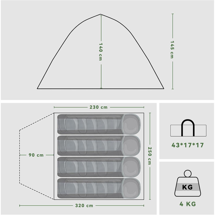 Намет для кемпінгу на 2-4 особи з тамбуром, водонепроникний (PU5000), зелений, для подорожей, трекінгу, кемпінгу та відпочинку на природі