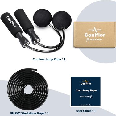 Стрибкова скакалка Coniflor 2-в-1 для жінок, чоловіків та дітей - без перекручування, з підшипниками та зручними ручками для швидких фітнес-тренувань, чорна