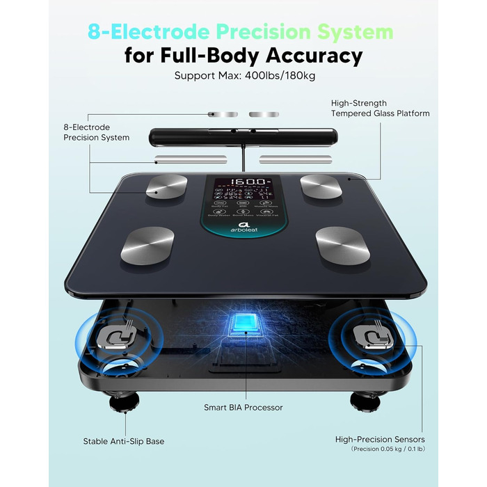 Вага для вимірювання жиру в тілі Arboleaf з датчиками рук, аналіз складу тіла, 50 показників, вага з додатком та великим дисплеєм до 180 кг (Чорний) CS10K