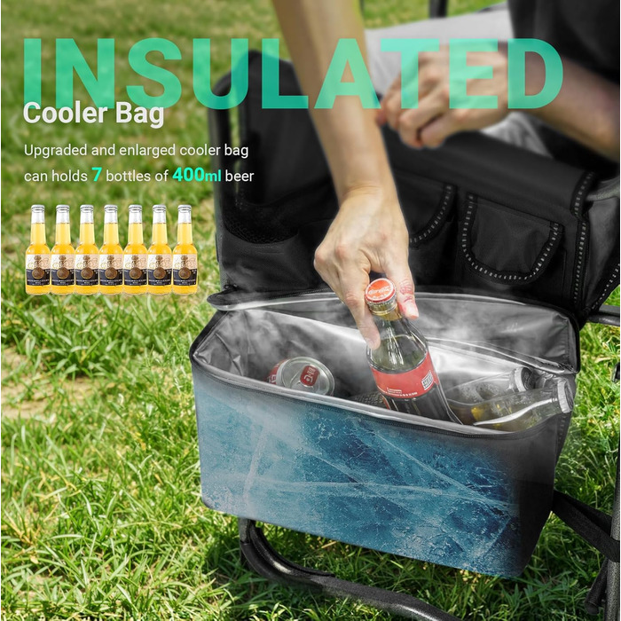 Крісло для кемпінгу OVERMONT: складне, з підспівателем та сумкою-холодильником - до 180 кг, чорне