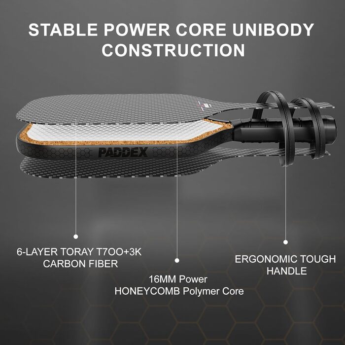 Професійний ракетковий пристрій для піклболу з вуглецевого волокна, 16 мм Power-PP серцевина, схвалений USAPA