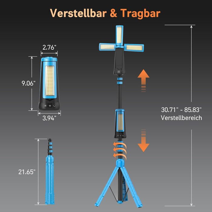 Портативна LED кемпінгова лампа 15000mAh з регулюванням яскравості, штативом, IP65, для кемпінгу, подорожей, будівництва та надзвичайних ситуацій, блакитна