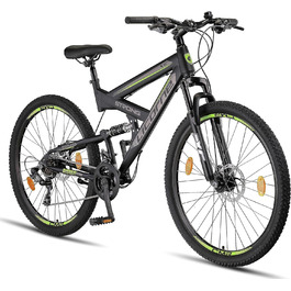 Гірський велосипед Licorne Bike Strong 2D Premium 27,5 дюймів, для хлопців, дівчат, жінок і чоловіків, з дисковими гальмами, 21 швидкість, повна амортизація, чорний/лайм