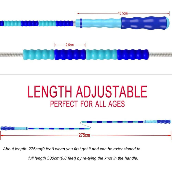 Скакалка для фітнесу Cafurty з м'якими намистинами, без спутанню, регульована довжина, 9.8 футів (блакитна)