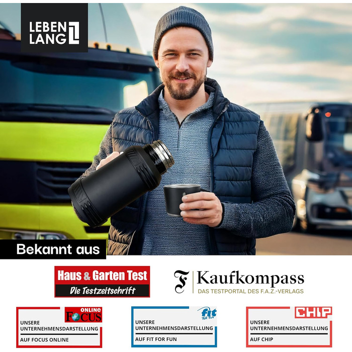Термос LEBENLANG 2,5 л із чашкою, ситечком для чаю, ремінцем, з нержавіючої сталі — термокружка, термос для напоїв, ізотермічна пляшка 24 годин збереження тепла