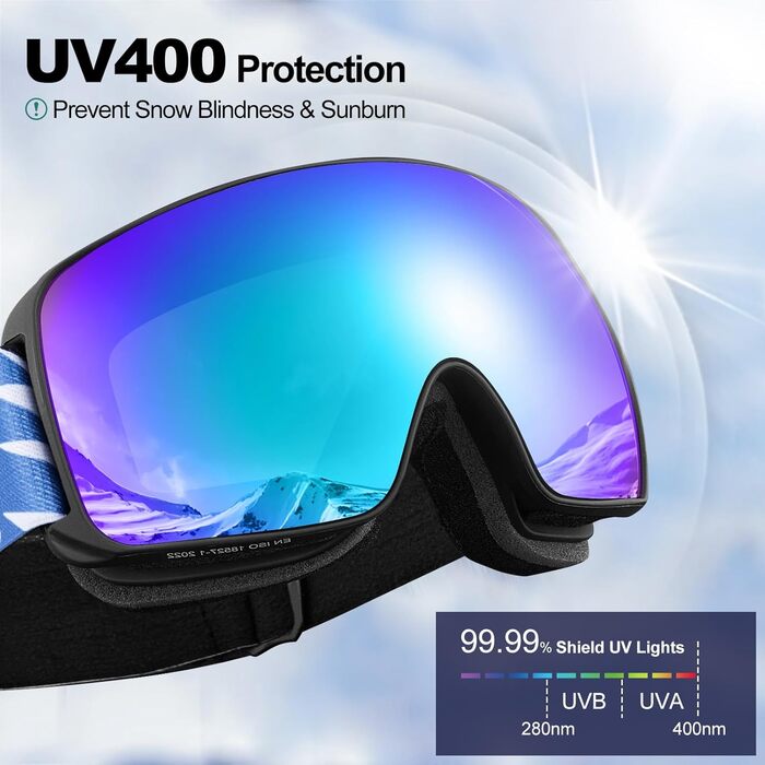 Дитячі скі-маски Odoland для сноуборду та лижного спорту, сумісні з шоломом, дзеркальні, з захистом від УФ-випромінювання та запобіганням запотіванню, VLT 20% (Blau – VLT 19%)