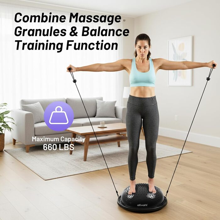 Йога-балансборд Ativafit 60см, до 300 кг, з помпою та експандером. Чорний фітнес-м'яч для балансу, йоги та силових тренувань