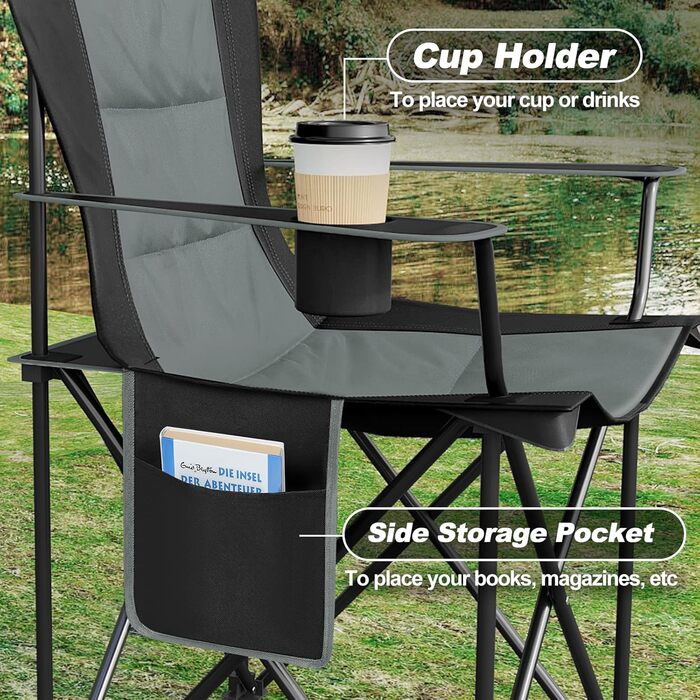 Складний туристичний стілець WOLTU - легкий, для відпочинку на природі, риболовлі, кемпінгу. Макс. навантаження 150 кг, з кишенею для напоїв, чорний + темно-сірий