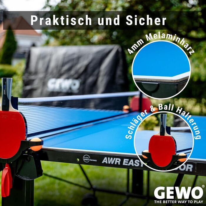Стіл для тенісу GEWO AWR Outdoor – складаний, вологостійкий – Меламін – Розмір ITTF, з сіткою, ракетками та м'ячами – Зроблено в Німеччині