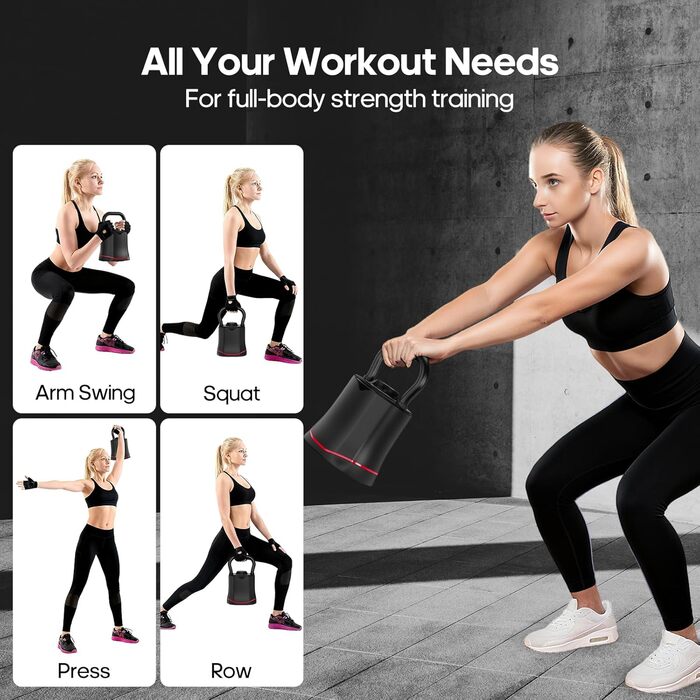 Кетлбел HXD-ERGO 6-в-1 регульований (3-18 кг) з швидкою зміною ваги, широким грифом, компактний для дому та тренажерного залу (чорний/червоний)