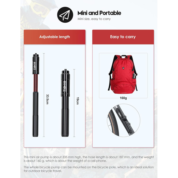 Насос для велосипеда Tiakia Mini 260PSI: компактний ручний насос для Presta, Schrader, Dunlop вентилів. Підходить для BMX, MTB, шосе, електровелосипедів. З кріпленням. Чорний.