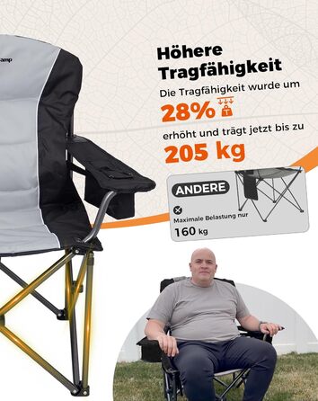 Крісло для кемпінгу KingCamp XXL, 205 кг, чорне, з регульованою спинкою, підсклянник та кишеня для напоїв