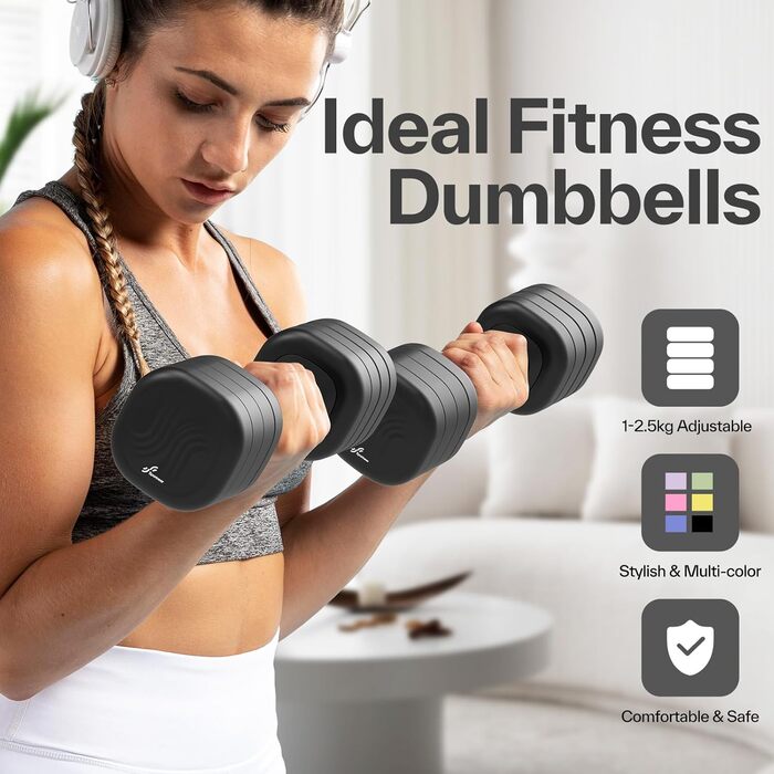 Sportneer Регульовані гантелі для жінок – комплект з 2 гантелей (по 1–2,5 кг) з неслизьким TPU-покриттям, 4-в-1 комплект гантелей для фітнесу вдома, для домашнього спортзалу та силових тренувань, колір: Димчасто-чорний