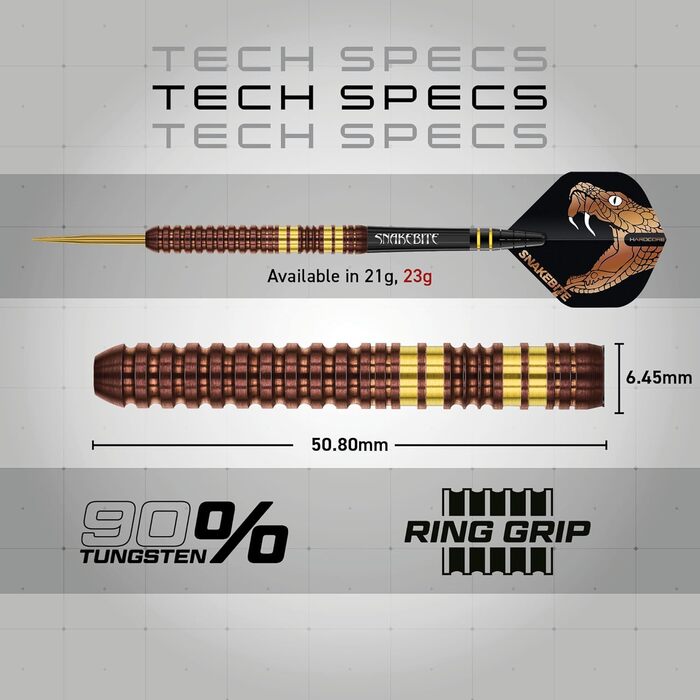 Дротики Red Dragon Peter Snakebite Wright Copper Fusion Premium Wolfram, 23 г, з оперенням і стрижнями