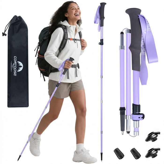 Телескопічна палиця для скандинавської ходьби Qoosea для жінок, вуглецеве волокно, складана трекінгова палиця 110-125 см з гумовим наконечником та сумкою (фіолетова)