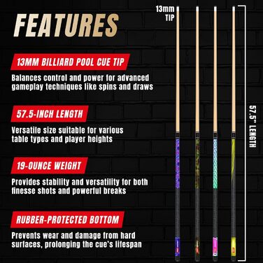 Набір біліардних київ преміум-класу (4 шт.) | 147 см, 539 г канадський клен | Низький відгін, 4 крейди | Для дому та барів