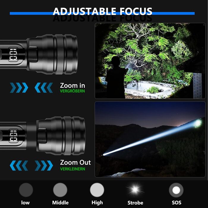 Тактична ліхтарик ASORT 990000 Lumen, USB, Zoom, IP67, 10 режимів, для дому, відпочинку, надзвичайних ситуацій