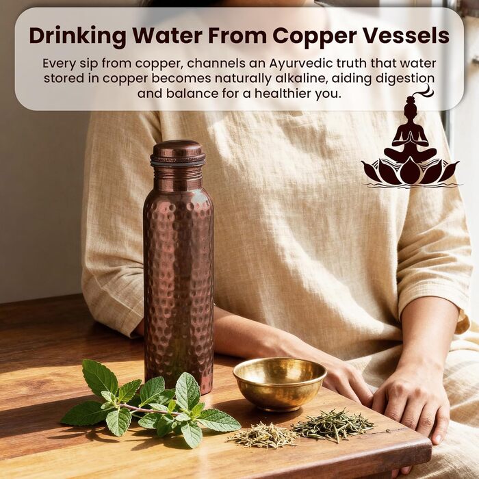Фляга для води з міді, 1000 мл, античний дизайн, з кришкою та сумкою. Ідеально для офісу та йоги. (1 шт.)