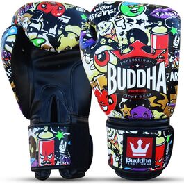 Боксерські рукавички BUDDHA FIGHT WEAR Fantasy Zippy 14 Oz, для муай-тай та кікбоксингу, преміум екошкіра, антисептична підкладка, посилені шви, багатобарвні