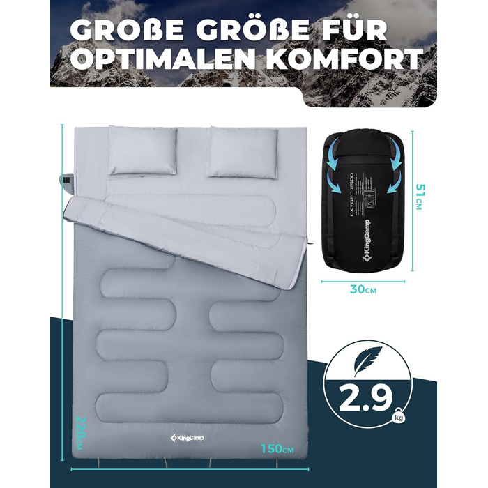 Сплячий мішок KingCamp для двох осіб, зимовий, для кемпінгу, сірий